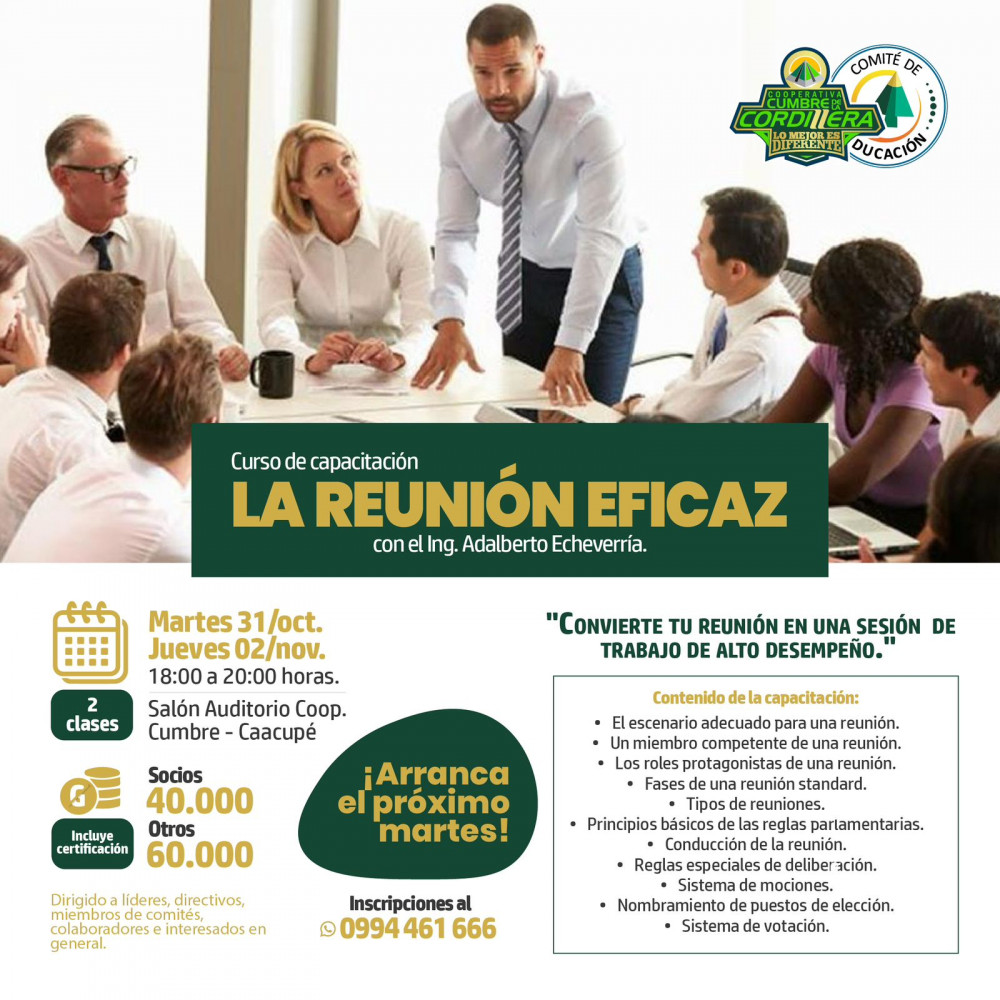 La Reunión Eficaz es el curso que propone el comité de Educación
